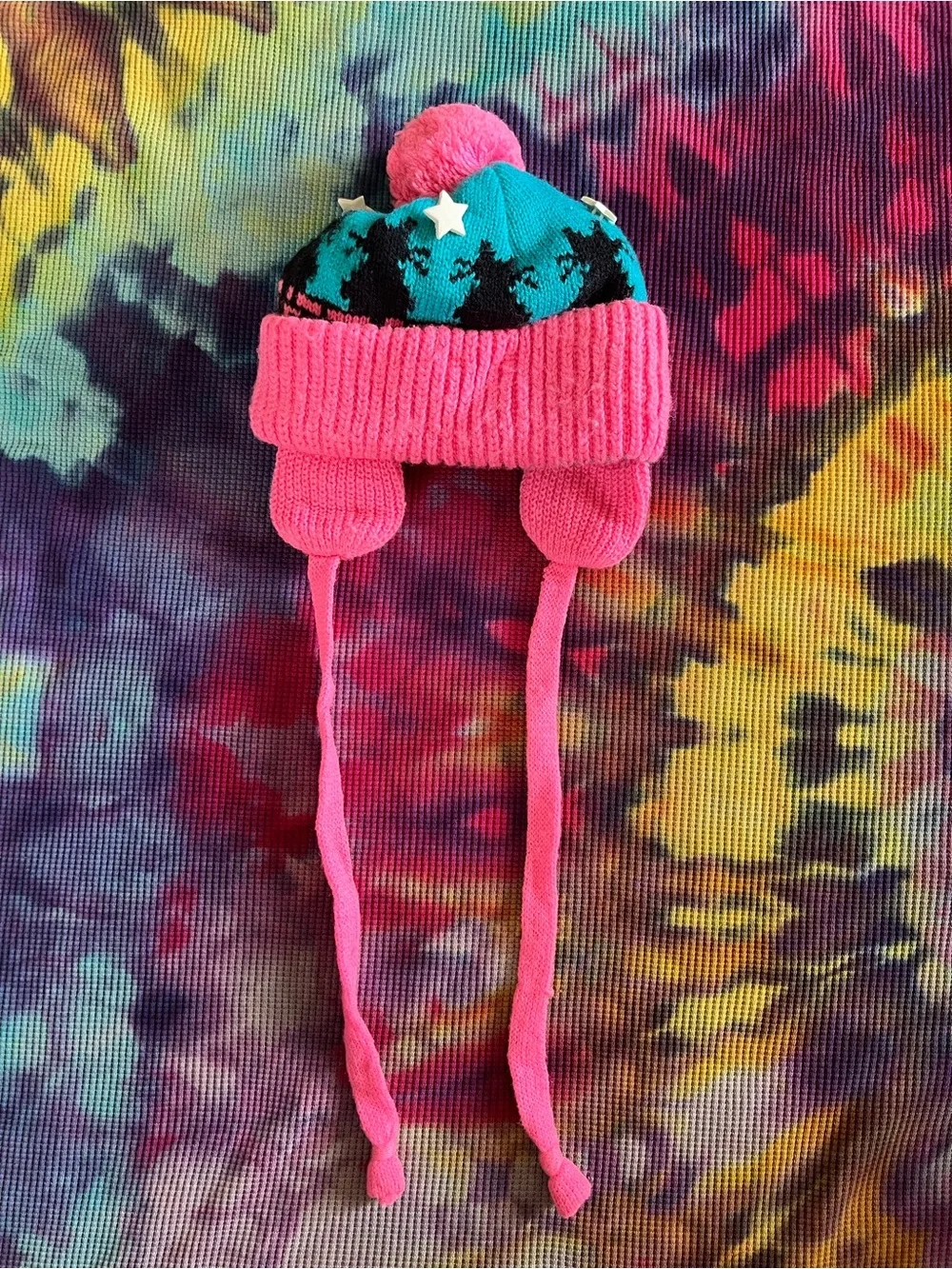 🐱⭐️Vintage 90s Cats & Stars Bright Pink & Teal Knit Toddler Beanie Hat